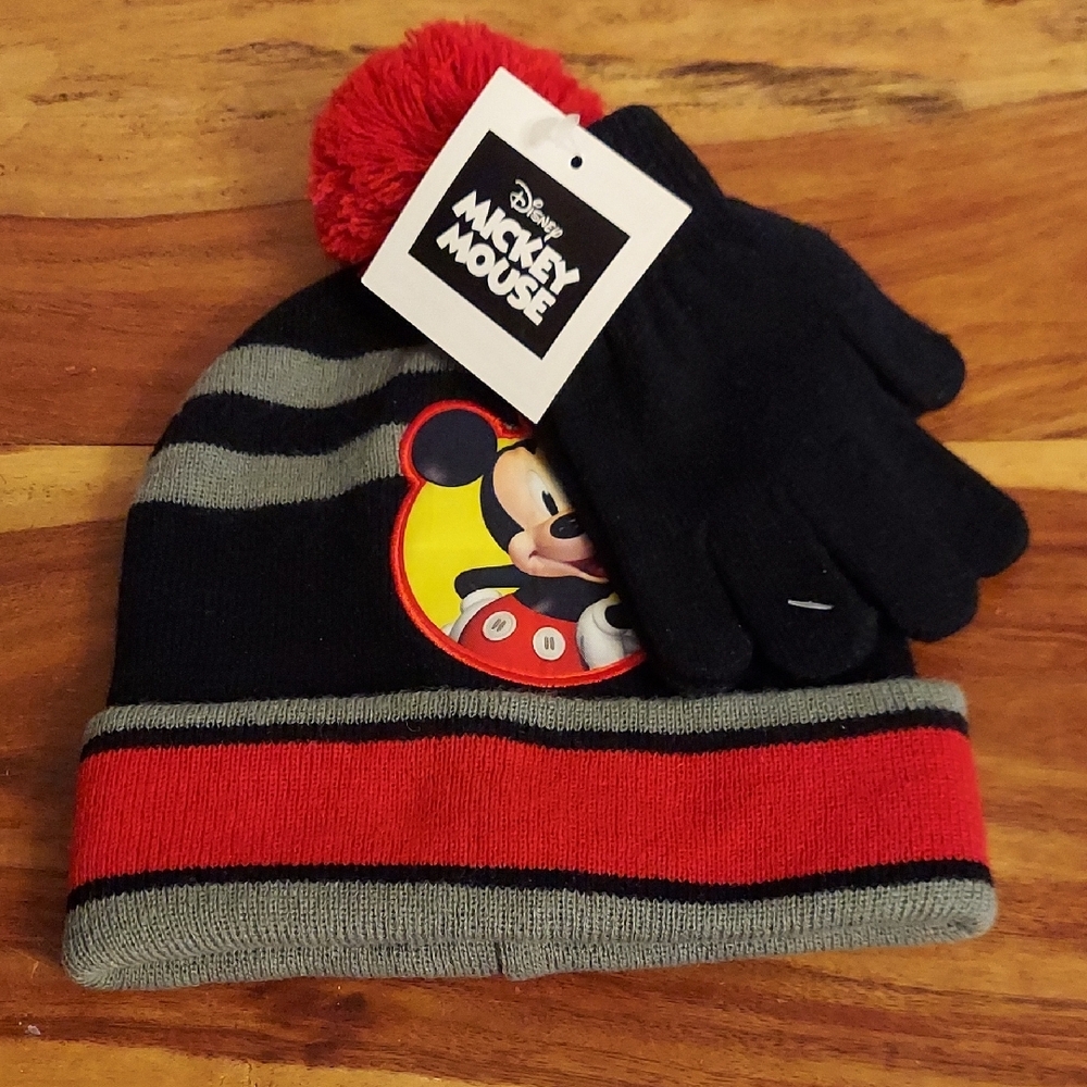 Disney Mickey Mouse Hat and Gloves Set Kids Black Red Gray Yellow